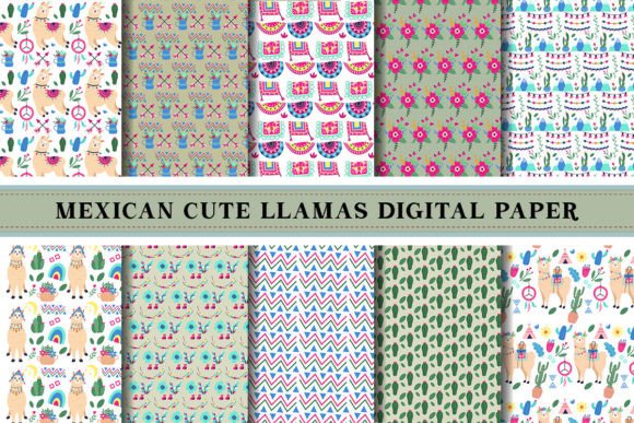 Mexican Cute Llamas Digital Paper Pattern